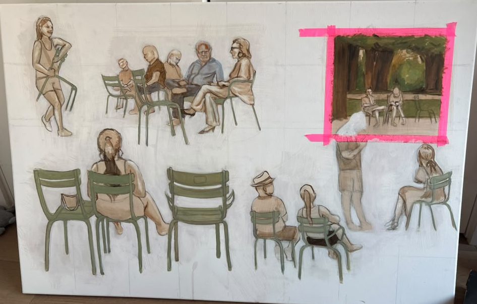 A large painting in progress: figures seated on green garden chairs, with an inset landscape framed in pink tape.