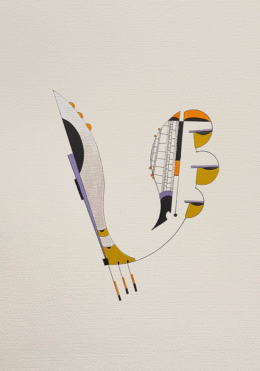 A synaesthesia drawing on cream paper: a long curved form in black, lavender and ochre, hooked at its base, beside a cluster of ochre and orange crescents and a striped column, joined by a fine thread.