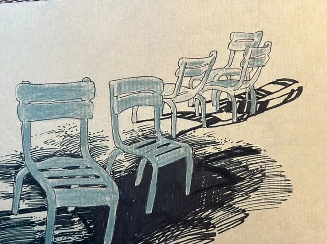Ink drawing of a row of Luxembourg garden chairs casting long ink shadows, on cream paper.