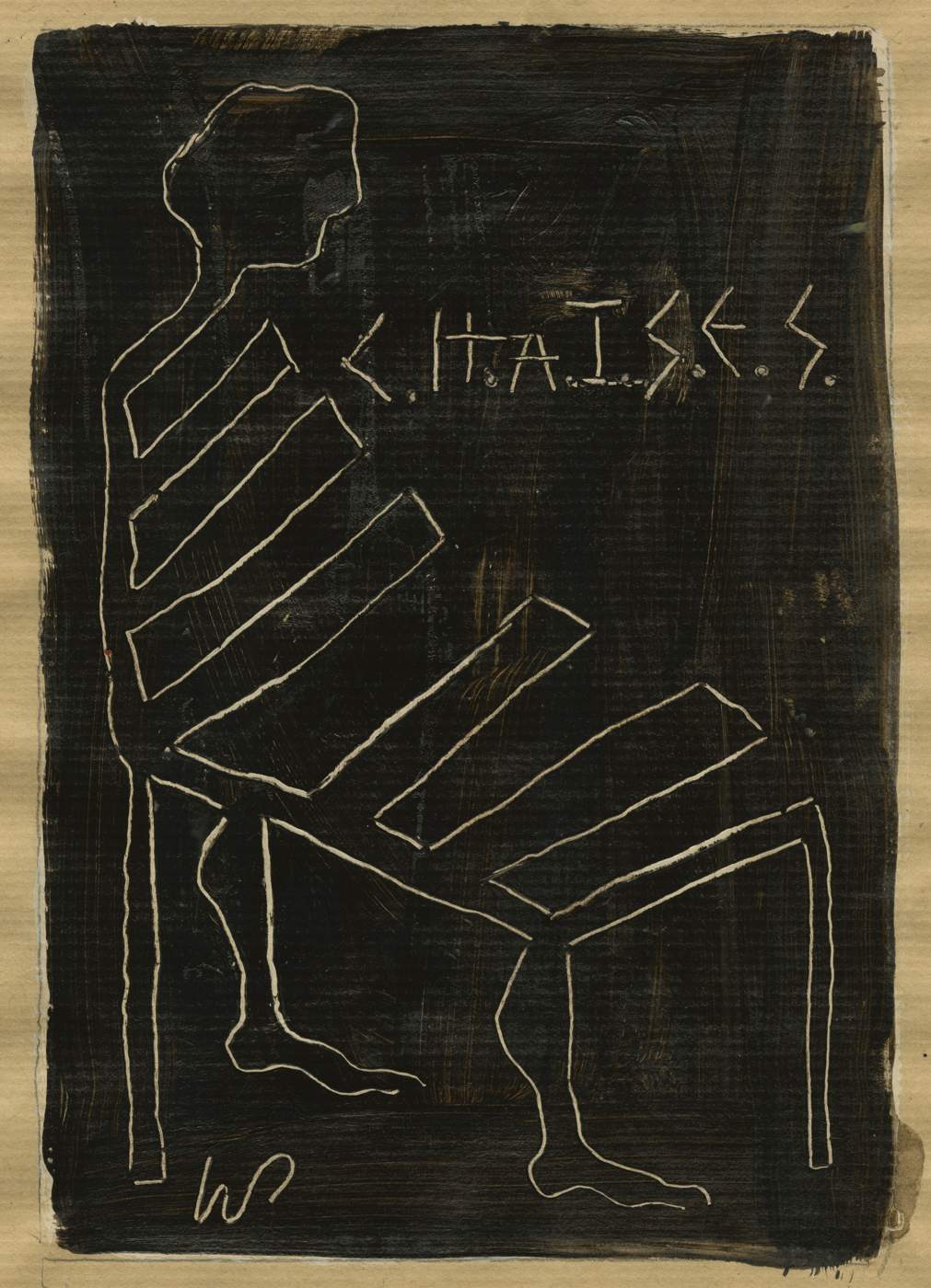 Wayne Pate&rsquo;s emblem for C.H.A.I.S.E.S.: a seated figure on a slatted garden chair, scratched in bone-white line through black paint on kraft paper, with the word CHAISES lettered above.